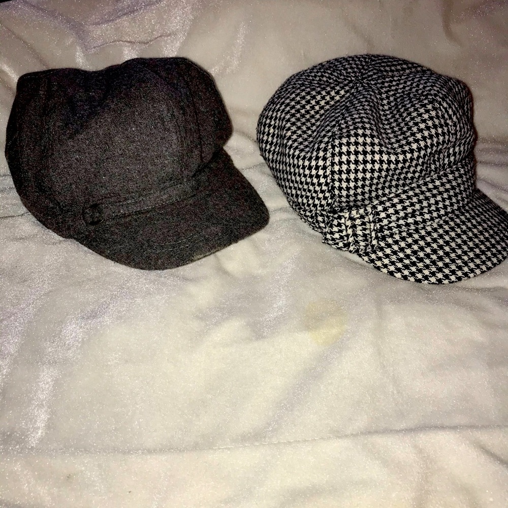 2 Ladies Newsboy hats houndstooth & hot pink, gray wool blend & gray lining.